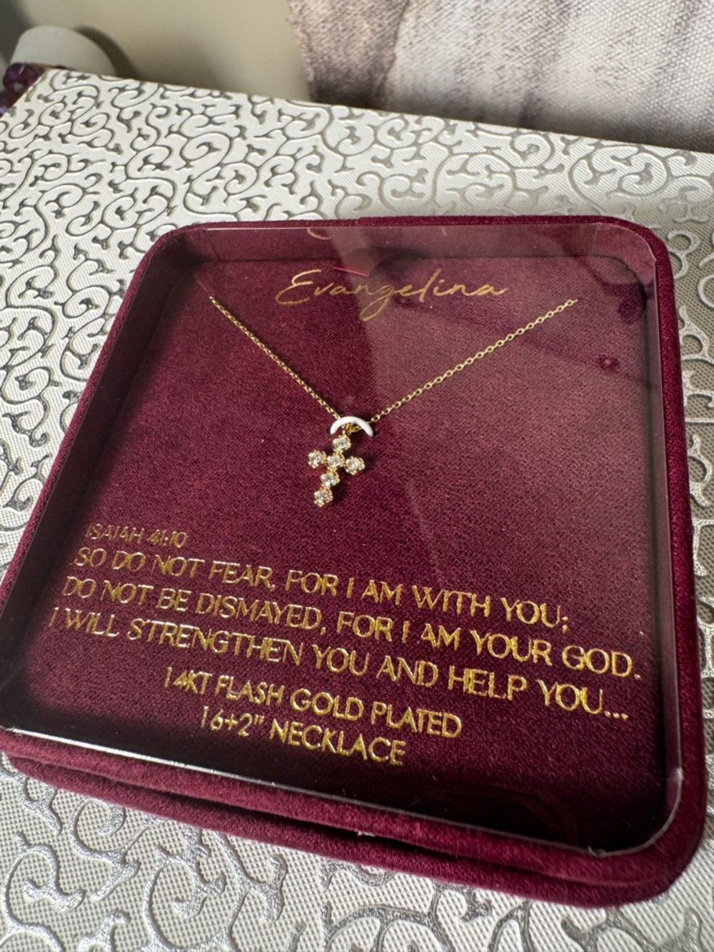 Evangelina Gold-Tone Petite Cross Necklace in Faux Suede Box NIB